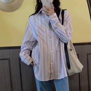 百思朵紫色条纹衬衫女2024春秋学生polo领中长款衬衣防晒衫薄外套