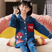 蜘蛛侠卡通女童睡衣纯棉，长袖2023韩版开衫，时尚女孩大中小童家居服