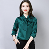 长袖衬衫女2023春季丝质，缎面衬衣韩版时尚，工作服系带上衣职装