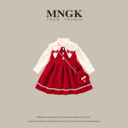 法国MNGK女童小香风长袖秋冬加厚红色裙子套装公主冬装连衣裙加绒