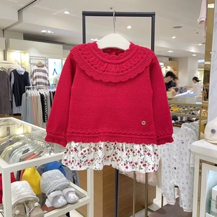 韩国中小童装冬女童宝，洋气拼接碎花裙摆假两件毛衣连衣裙