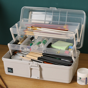 美术工具箱手提小学生儿童画画多层折叠储物箱家用透明塑料收纳盒