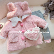 韩系女童冬季时髦洋气羊羔毛连帽外套灰色加绒打底裤两件套潮