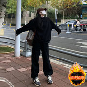 美式黑色运动服秋冬季套装女卫衣加绒加厚学生韩版休闲两件套跑步