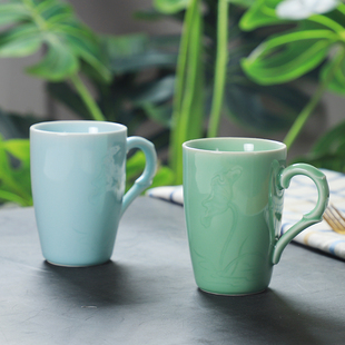 龙泉青瓷茶杯陶瓷办公杯创意荷叶，杯子情侣水杯，家用泡茶杯子牛奶杯