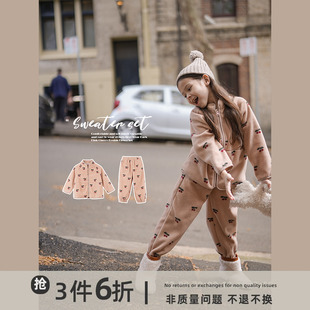 史豌豆女童双面绒休闲套装2023冬季女宝宝洋气外套裤子两件套