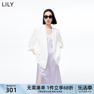 LILY夏女装气质纯色通勤风复古双排扣纯色七分袖西装外套