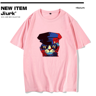 戴警察(戴警察)帽子，的猫咪t恤男短袖，纯棉潮牌半袖潮流上衣服夏季圆领