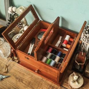 手提针线盒抽屉式桌面，收纳盒zakka药箱，木质分隔带盖化妆品储物盒