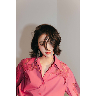 rosebanksrosyembroideredcutoutshirt玫红，蕾丝刺绣拼接衬衫