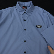 雾霾蓝痞帅气质短袖衬衫，设计感蓝色衬衣夏季有领带领宽松开衫t恤