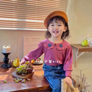 女童韩版纯色花朵打底衫儿童洋气坑条拼线娃娃领上衣宝宝长袖T恤