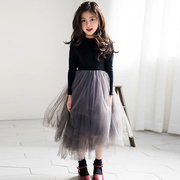 女童连衣裙秋2024春秋，韩版高腰黑色打底长袖，网纱公主裙蓬蓬裙