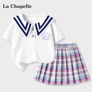 拉夏贝尔学院风女童套装2024洋气jk裙时髦海军领短袖儿童裙子