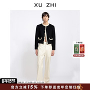 xuzhi设计师品牌23秋冬黑色毛呢，钩针拼接圆领夹克，小香风外套女