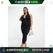 香港直邮潮奢curve女士设计挂脖褶皱中长连衣裙，(黑色)