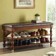 美式换鞋柜原木可收纳凳简约进门鞋凳子可坐储物翻盖全实木真皮凳