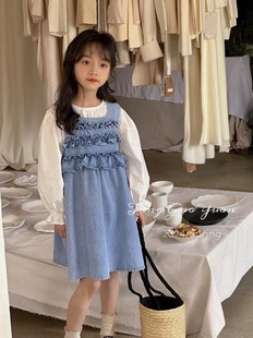 韩版女童装儿童春季甜美长袖衬衫，牛仔公主背心连衣裙子2件套装