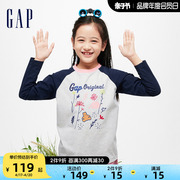 gap女童2024春季logo高弹撞色插肩袖长袖，t恤儿童装上衣890403