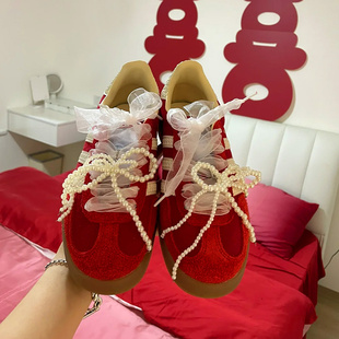 samba德训蝴蝶结鞋珍珠鞋带T头鞋红色婚鞋爆改ins蕾丝结婚装饰品