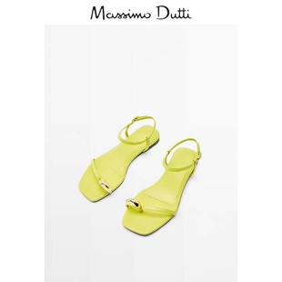 Massimo Duti女鞋2024夏季金属扣真皮平底时尚一字带凉鞋拖鞋