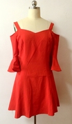 外贸原单 韩版 红色吊带露肩七分荷叶袖连衣裙小性感
