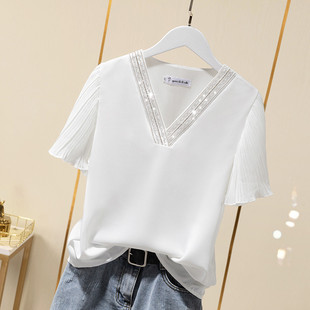 白色短袖t恤女夏季薄款2024设计感宽松显瘦V领雪纺衫短款上衣