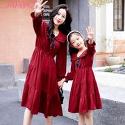 长袖母女秋装亲子连衣裙公主裙甜美收腰显瘦韩版中长款法式红裙子