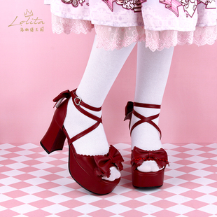 2019夏季甜美lolita鞋，圆头高跟粗跟露趾蝴蝶结花边洋装凉鞋8382