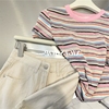 韩系粉色条纹正肩t恤短袖女夏季甜美减龄显瘦体恤小个子短款上衣