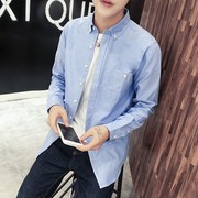 韩国春季日系复古英伦立领衬衣夏薄青少年潮男小清新纯棉长袖衬衫