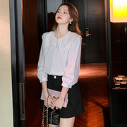 秋韩版法式小众设计感气质七分袖，上衣蕾丝花边娃娃领长袖白色衬衫