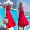 巴厘岛大红色沙滩裙海边度假适合拍照的连衣裙女波西米亚吊带长裙