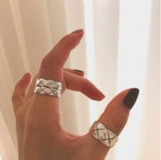 复古菱格宽版戒指女韩版时尚个性S925银网格开口指环叠戴食指戒潮