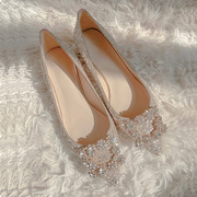 婚鞋亮片平底鞋女日常尖头鞋平跟浅口时尚的新娘伴娘鞋宴会鞋