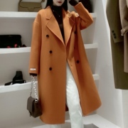 2022年韩版冬季西装领双面零羊绒大衣女中长款茧型直筒羊毛呢外套