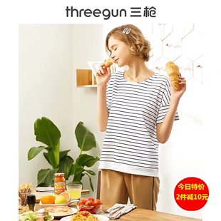 三t恤短袖春夏季条纹，爽滑密棉圆领，宽松棉质短袖和中袖女衫