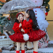 女童秋冬酒红tutu裙，上衣毛球球套头毛衣，儿童凸凸裙新年耶诞节套装