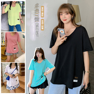 2021年加大码女装韩版个性布贴T恤夏季200斤休闲遮肚圆领上衣