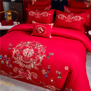 花美眷中式婚庆床品纯棉百子刺绣红色结婚被套双人床单床盖四件套