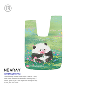 尼睿x大号小熊 2024潮流手腕包可爱熊猫插画帆布包便携小拎包