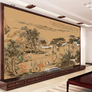 复古古典清明上河图大型壁画客厅大厅背景墙壁纸中式影视墙布壁布
