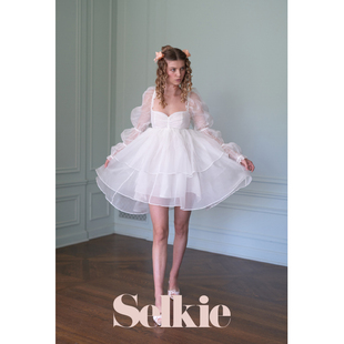 婚纱系列selkiecollection白色欧根纱藕节，袖露背婚纱连衣裙