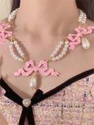 zoozmomo粉色珍珠蝴蝶结项链女可爱甜美装饰颈饰高级感法式锁骨链