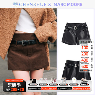 Marc Moore时尚甜美黑色PU皮A摆裙裤拉链短裤CHENSHOP设计师品牌