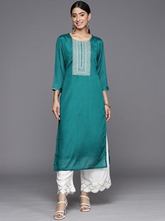 印度民族风开叉上衣七分袖仿丝圆领刺绣松石绿长衫传统服饰