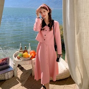 粉红色小香风套装女春秋2023小个子大码显瘦开叉半身裙两件套