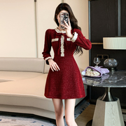 新年礼服高级红色裙子蕾丝甜美长袖小香风连衣裙a字短裙小个子裙