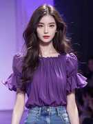 紫色短袖雪纺衬衫女2024年夏季方(夏季方)领时尚，减龄洋气独特别致上衣