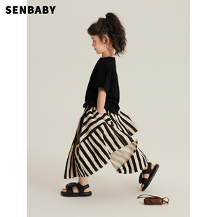 senbaby女童夏装短袖小女孩套装裙儿童，波浪袖上衣+条纹不规则半裙